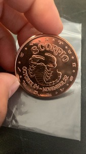 lot 9 image: 1 oz 999 Fine Copper Round Scorpio Design Zodiac Sign