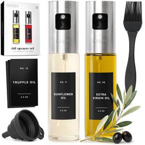 lot 62507 image: Oil Sprayer Set of 2 Oil Spray Bottle Made of Stainless Steel & Glass, for Healthy Cooking, Sprayer for Precise Dosage, for Cooking Oil & Vinegar Including (Silver Lids, 2 Pack) - Retail $20