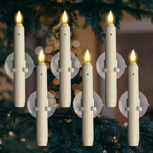 lot 62514 image: 4 Pcs Window Candles with Sensor Dusk to Dawn, Ivory Striped Candlesticks with Suction Cups, Roman Column Christmas Window Candle Battery Operated, Flameless Led Taper Candles for Windows - Retail $21