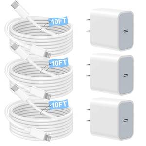 lot 62517 image: iPhone Charger Fast ChargingApple MFi Certified3Pack Apple Charger USB C Wall Charging Block 10FT Long USB C to Lightning Cable Cord for iPhone14 Pro Max1312 Mini11XRXSXSE - Retail $25