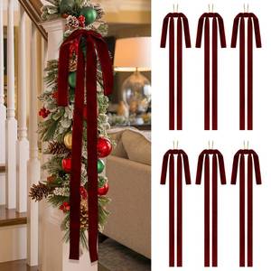 lot 62529 image: Burgundy Long Velvet Bows Ornaments for Christmas Tree, Wreath, Garland, Swag, Staircase, Fireplace, Door (15  24 inch, 6 Pieces) - Retail $13