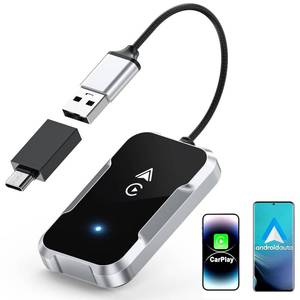 lot 62534 image: 2-in-1 CarPlay and Android Auto Adapter with USB and Type-C Ports, Wireless CarPlay Adapter for iPhone iOS 10 and Above and Android 11 and Above(Silver) - Retail $6