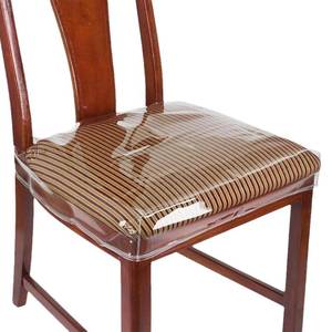 lot 62577 image: 4 Pack Large Plastic Chair Covers for Dining Room Clear PVC Kitchen Chair Seat Protectors with Adjustable Belt Strap for 20.3x17 Standard Chairs, Stain, Water and Kitty Scratch Resistant - Retail $14