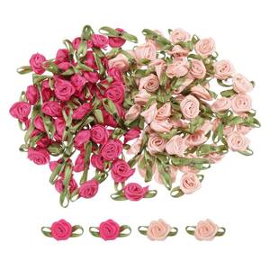 lot 62579 image: 100 Pcs Rose RedSnow Bud Powder Ribbon Roses 58 x1-316 Mini Roses for Sewing Appliques Crafts Little Satin Bows Roses Artificial Flowers - Retail $8
