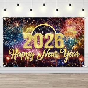 lot 62580 image: AIBIIN Happy New Year 2026 Backdrop Colorful Fireworks New Years Eve Party Decorations Large 2026 Photo Booth Background Glitter Gold Countdown Banner 70.8x43.3inch - Retail $9