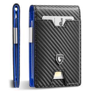lot 62587 image: Mens Slim RFID Blocking Leather Wallet with Money Clip  Minimalist Carbon Fiber Bifold Credit Card Holder  11 Card Slots  Stocking Stuffers Included Gift Box(Carbon Blue) - Retail $14
