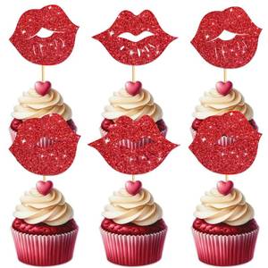 lot 62588 image: Big Lip Cupcake Topper for Bachelorette Bridal Shower Theme Party Favors Decorations Women Lady Girls Birthday Girls Night Out Happy Birthday Party Decor Supplies set 18pcs Red Glitter Silhouette - Retail $8
