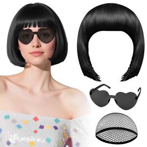 lot 62601 image: Black Bob Wig with Heart Sunglasses and Hair Cap, Colorful Short Bob Wigs Synthetic Party Wigs Funny Cosplay Hairpieces for Women Men Daily Bachelorette Halloween Costume Party Decorations - Retail $12