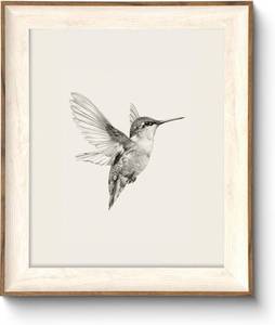 lot 62623 image: Hummingbird Wall Art Prints Vintage Black and White Bird Sketch Painting Picture, Rustic Neutral Decor Canvas Wall Decor for Nursery, Bedroom, Living Room Framed 10x12 - Retail $19