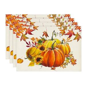 lot 62638 image: Pumpkins Maple Leaves Fall Placemats Set of 4, 12x18 Inch Seasonal Autumn Thanksgiving Table Mats for Party Kitchen Dining Decoration - Retail $2,076