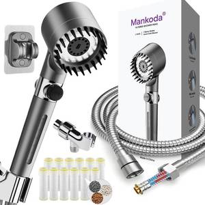 lot 62652 image: Filtered Shower Head with Handheld, 7 Replacement Filters for Hard Water & Chlorine Removal, 75 High Pressure Anti-Burst Hose, Power Wash for Deep Cleaning & One-Button Pause Switch for Kids & Pets - Retail $22