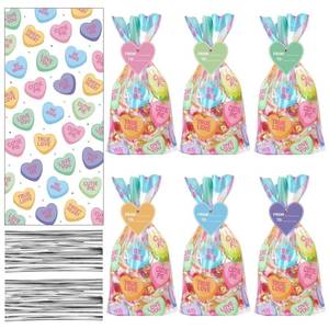 lot 62663 image: 220 Pcs Valentines Day Conversation Heart Cellophane Bags Bulk Set with 70 Valentines Treat Goodie Gift Bags 150 Heart Gift Tags for Valentines Wedding Party Favor Supplies (5 x 7 Inches) - Retail $21