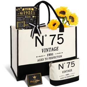 lot 62679 image: 75th Birthday Gifts for Women Canvas Tote Bag Travel Gear, Unique 75 Years Old Gifts for Wife Mom Sister Aunt Friends Her, Vintage N°75 Handbag & Cosmetic Bag & Back in 1951 Poster - Retail $23