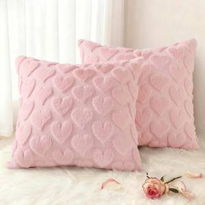 lot 62680 image: Valentine��s Day Soft Plush Throw Pillow Covers 20x20 Inch Set of 2, Faux Fur Pink Heart Decoration Neutral Square Pillow Covers for Couch Sofa Bed Cozy Farmhouse Holiday Decor - Retail $23