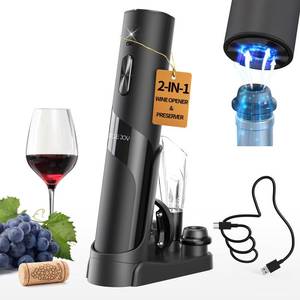 lot 62687 image: Rechargeable Wine Opener Electric Wine Bottle Opener 7-in-1 Wine Gift Set with Electric Vacuum Pump, Charging Station, Foil Cutter, Wine Aerator Pourer and 2 Wine Stoppers - Retail $30