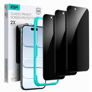 lot 62713 image: ESR 3 Pack for iPhone 15 Pro Privacy Screen Protector, Anti-spy Tempered-Glass Privacy Screen Protector, Micro-curved Edges, Case Friendly - Retail $10