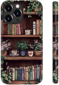 lot 62717 image: iPhone 15 Pro Case,Wireless Charging Compatible,Dual-Layer - Soft Silicone Inner  Hard Outer Shell,Cute Wildflower Design,Protective Phone Cover for Women - Vintage Bookshelf Floral - Retail $19