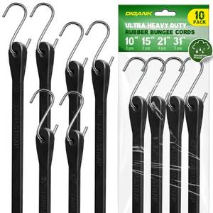 lot 62725 image: Bungee Cords with Hooks (10 Pack) Heavy Duty Outdoor Rubber Tarp Straps in 10, 15, 21, 31 Sizes, Crimped S Hooks for Cargo, Bikes, Camping Gear, Luggage - Max Stretch 1.5X, Load 180 lbs - Retail $20