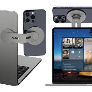 lot 62728 image: Magnetic Phone Holder for Laptop, 360° Adjustable MacBook Monitor Side Mount for iPhone MagSafe for Tesla, Portable Foldable Cell Phone Holder Accessory, Gray - Retail $18