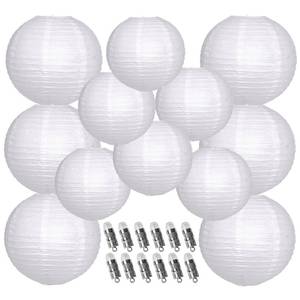 lot 62734 image: Paper Lanterns Decorative, White Hanging Round Chinese Lanterns with Lights for Wedding Anniversary Birthday Party 12 LED Light Pack of 12 - Retail $20