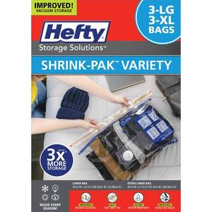 lot 62738 image: Hefty Shrink-Pak Vacuum Storage Bags - Space Saver for Under Bed Storage, Clothing and Comforters, Odor Resistant, 3X More Storage Space - 2 medium - Retail $23