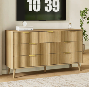 lot 43645 image: Modern Fluted 7-Drawer Double Dresser with Brass Handles - Retail $420
