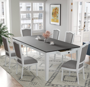 lot 43646 image: Extendable Dining Table Set with Removable Leaf, 2 Built-in Drawers, Dark GrayWhite - Retail $550