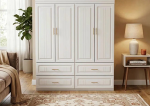 lot 43647 image: White Wood Armoire Wardrobe with Drawers, MISSING PARTS, SEE PICTURE, CROSSED PUT ITEMS IS WHAT I HAVE - Retail $400