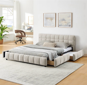 lot 43648 image: King Size Upholstered Platform Bed with Storage Drawers, MISSING PARTS, PARTS THAT ARE CIRCLED IS WHAT I HAVE, SEE PICTURE - Retail $1,340