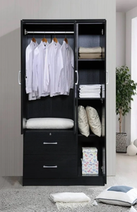 lot 43649 image: Black Wood Wardrobe Armoire with Drawers, MISSING PARTS, CROSSED OUT ITEMS ON INSTRUCTIONS IS WHAT IS INCLUDED, SEE PICTURES - Retail $245