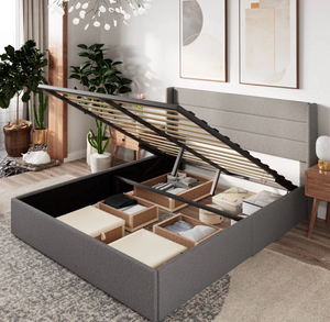 lot 43650 image: Gray Upholstered Storage Bed with Lift-Up Mattress Platform, Full Size - Retail $756