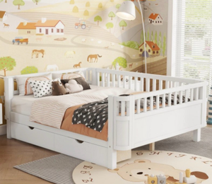 lot 43653 image: RISOKEYS White Full Size Kids Bed with Safety Rails and Drawers - Retail $486