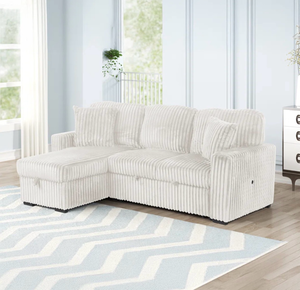 lot 43655 image: White Corduroy Sectional Sofa with Ottoman, STOCK PICTURE NOT COMPLETELY ACCURATE MISSING PIECES  - Retail $800