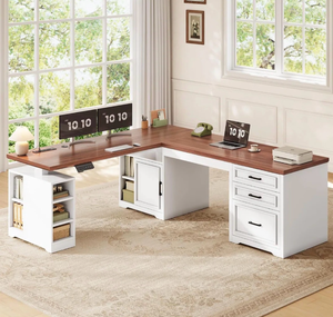 lot 43667 image: L Shaped Corner Computer Desk with Storage, MISSING THE PARTS THAT ARE NOT CROSSED IUT IN PICTURES, INCLUDES EXTRA LARGE PIECES OF WOOD FOR POTENTIAL TABLE TOPS - Retail $550