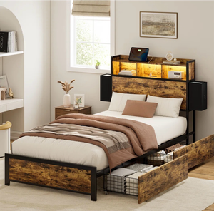 lot 43668 image: Modern Twin Platform Bed with Storage Headboard and LED Lighting, MISSING PARTS - Retail $150