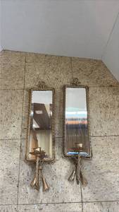 lot 5035 image: Pair of Gold Rope Frame Mirrored Wall Sconces with Candle Holders
