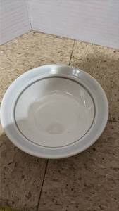 lot 5058 image: Stoneware White Ceramic Serving Bowl with Gray Band Trim