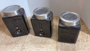 lot 5072 image: Black Ceramic Kitchen Canisters with Metal Lids Set of 3