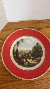lot 5118 image: Porcelain Plate with Landscape Scene and Red Border - Brazil