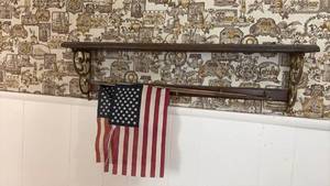 lot 5160 image: Rustic Wood Wall Shelf with Decorative Metal Brackets and 2 flags