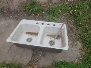lot 7010 image: Cast Iron Double Basin Kitchen Sink