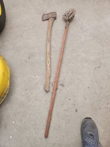 lot 7015 image: Old Farm Tools Collection - Ax and Spiked Wheel Cultivator