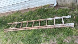 lot 7050 image: Old Wooden Extension Ladder with Metal Hardware