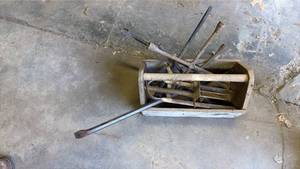 lot 7055 image: Old Wooden Toolbox With Tools