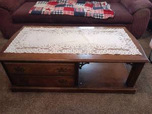 lot 2 image: Wood Coffee Table with Storage - Includes White Lace Table Runner