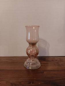 lot 7 image: Pink Glass Hurricane Candle Holder with Iridescent Finish