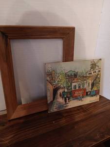 lot 26 image: Wood Picture Frame with Paris Street Scene Painting