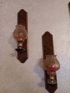 lot 27 image: Wooden Wall Sconces with Glass Hurricane Shades