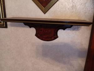 lot 30 image: Traditional Wooden Wall Shelf with Decorative Carved Brackets