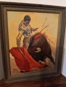 lot 31 image: Framed Oil Painting of Spanish Bullfighter with Red Cape and Bull
